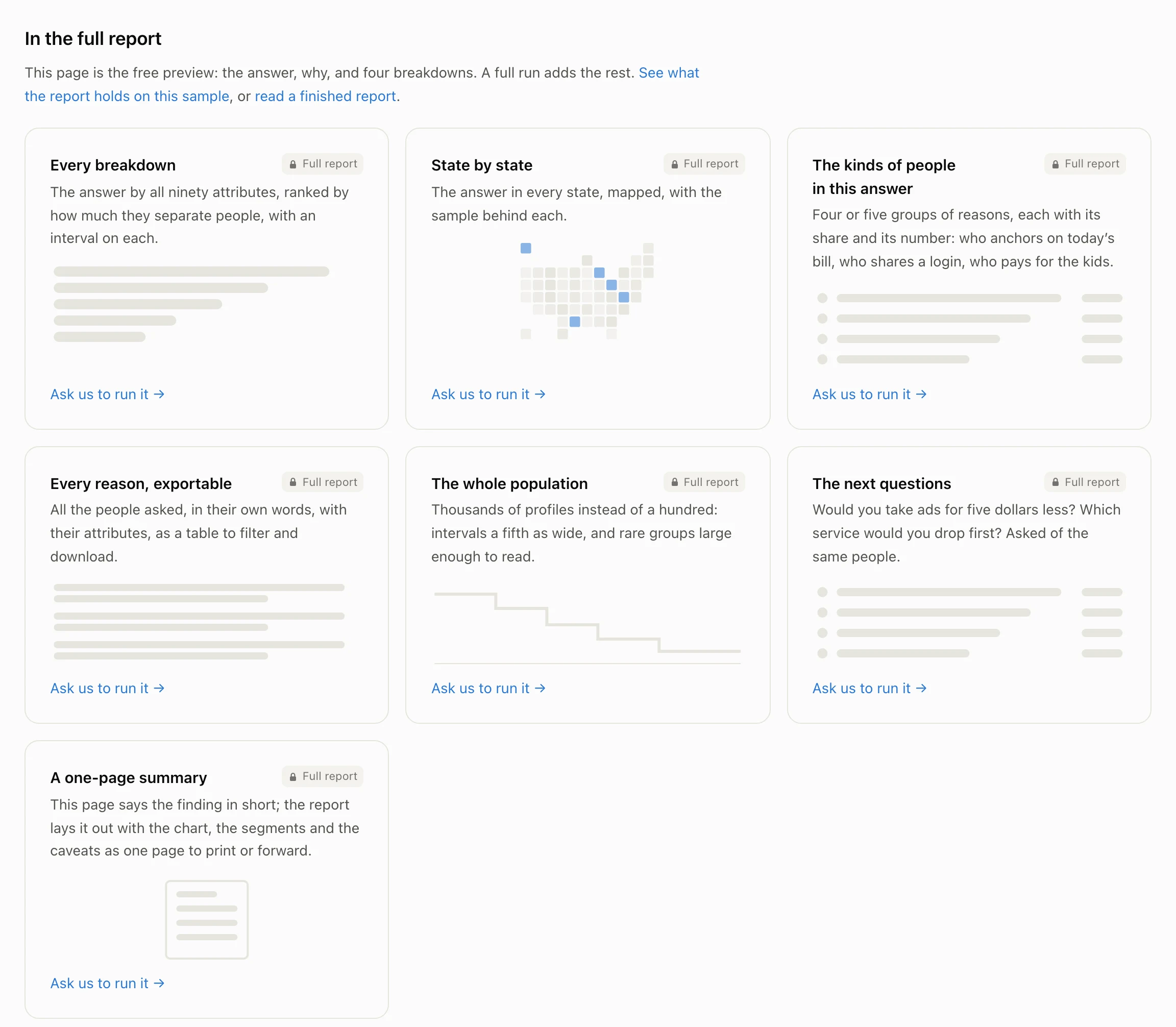The full report's sections: every breakdown, state by state, the kinds of people, every reason as a table to download, and a one-page summary